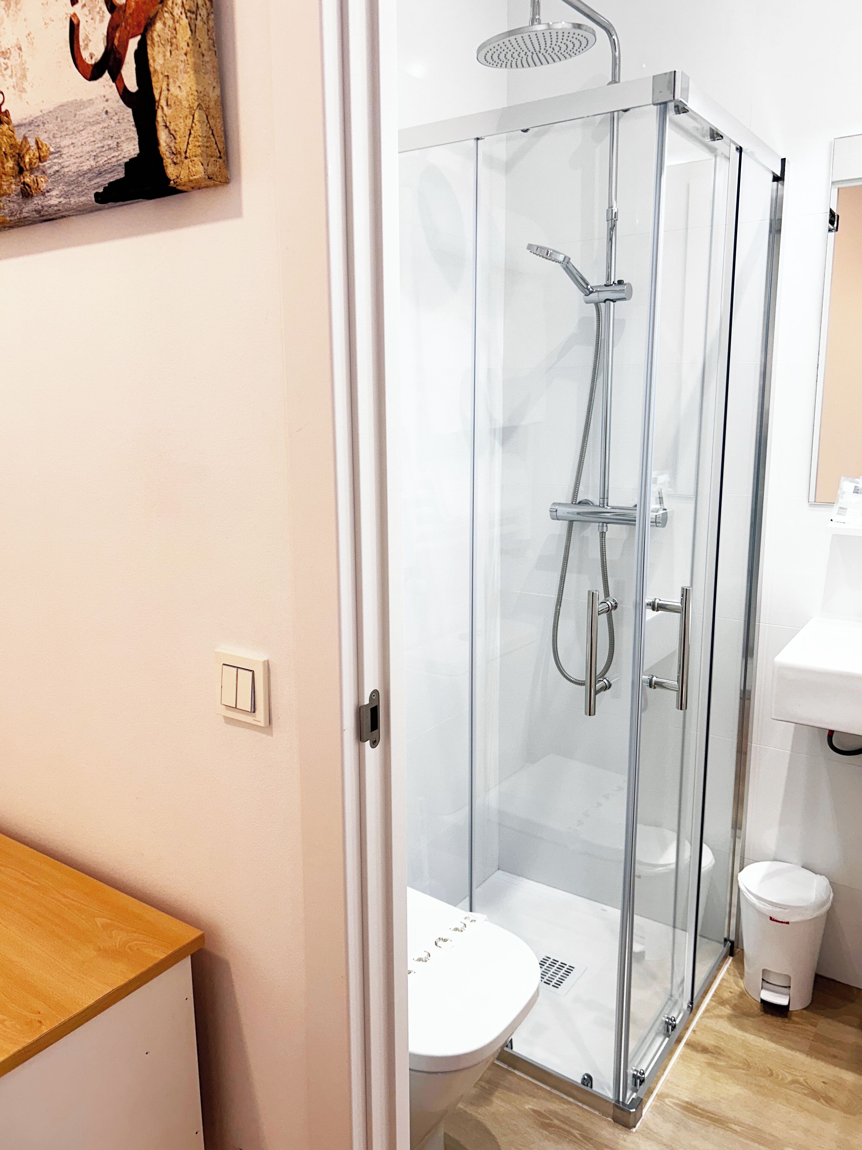 A modern bathroom with a glass-enclosed shower, a white toilet, and a wooden vanity.