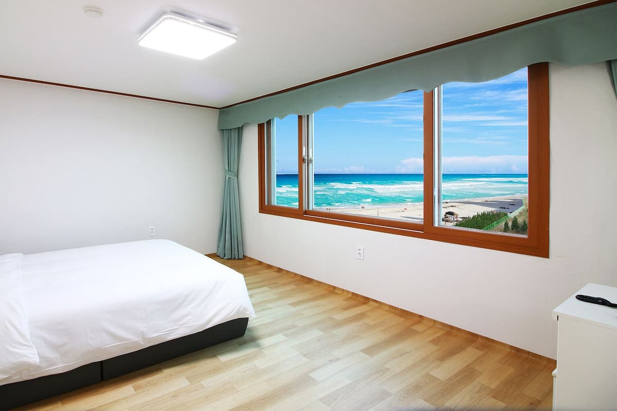 A bedroom with a bed, a window with a view of the beach, and a ceiling light.