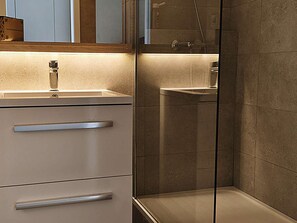 A modern bathroom with a glass shower enclosure, a sink, and a mirror above the vanity.