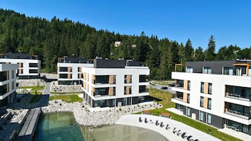Private beach, black sand, sun-loungers
