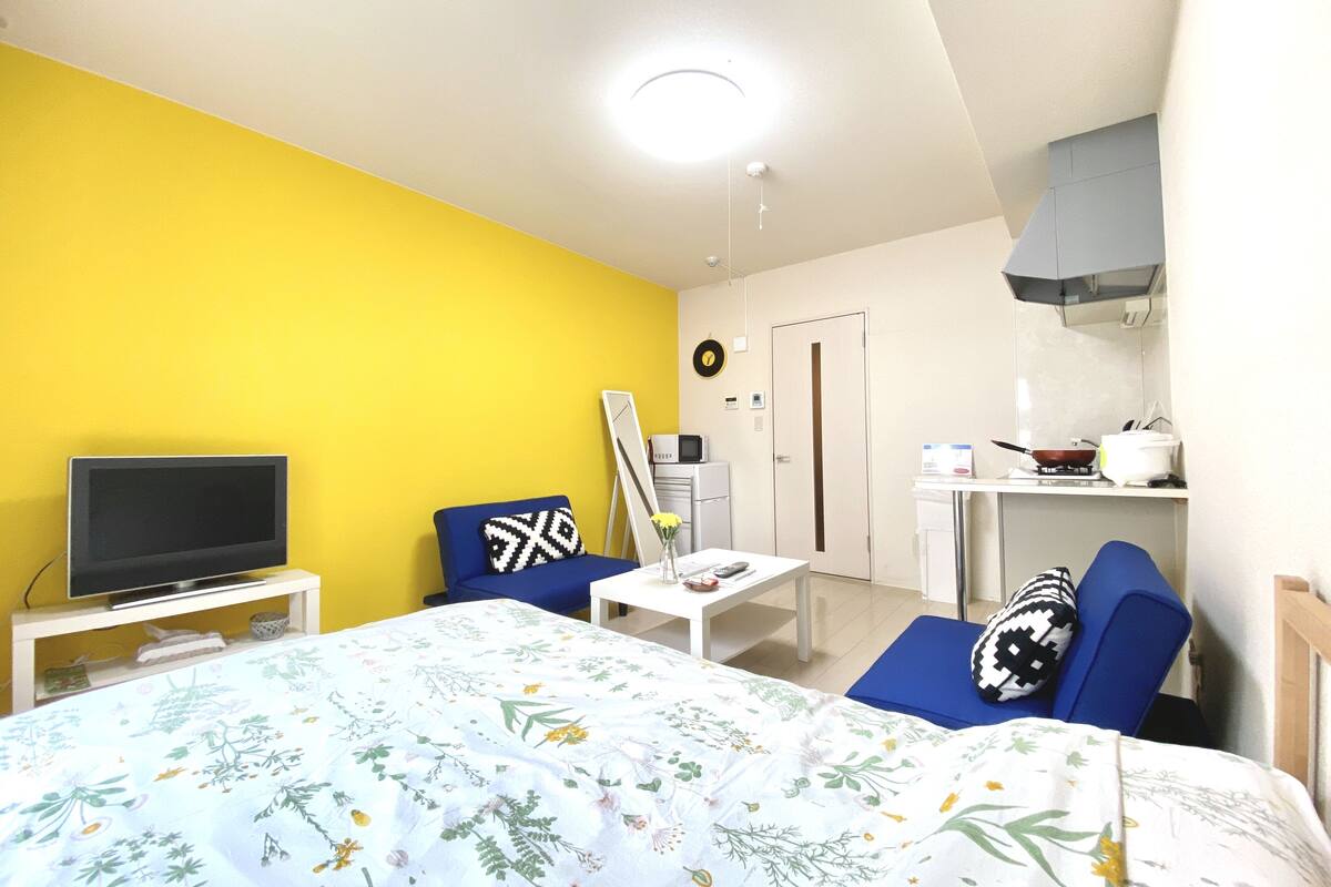 A room with a bed, a TV, a desk, a chair, and a kitchenette.