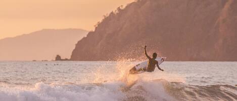 A surfer riding a wave with a coastal landscape in the background.