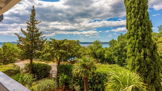 Un jardin luxuriant, avec une grande variété d’arbres et de plantes, un ciel dégagé et une vue sur la mer.