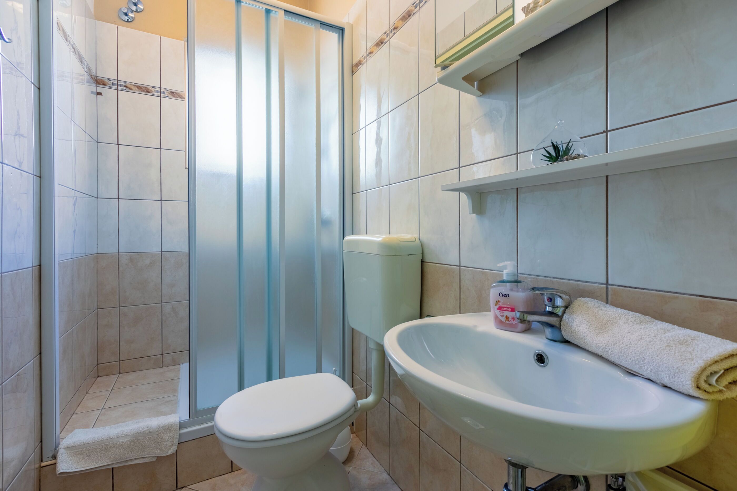 A bathroom with a toilet, a sink, and a shower enclosure.