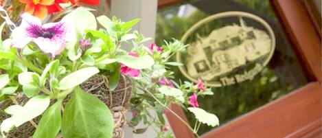 A potted plant with flowers in front of a window with a sign that reads "The Lodge".