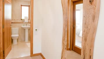 Un pasillo con una puerta de madera, un espejo y vista a un baño con inodoro y lavamanos.