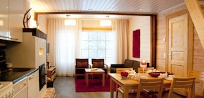 Apartamento, sauna seca (58m2) | Cozinha privada | Geladeira grande, micro-ondas, fogão, cooktop