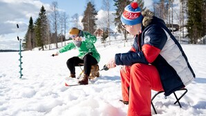 Two people snowshoeing in a snowy landscape with trees and a clear sky. - Lentiira Holiday Village (Kuhmo)
