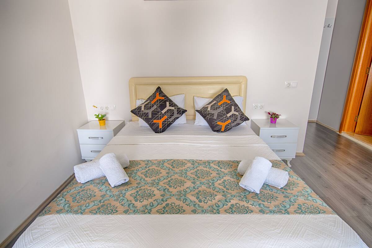 A neatly made bed with two pillows, a bedside table with a plant, and a patterned rug.