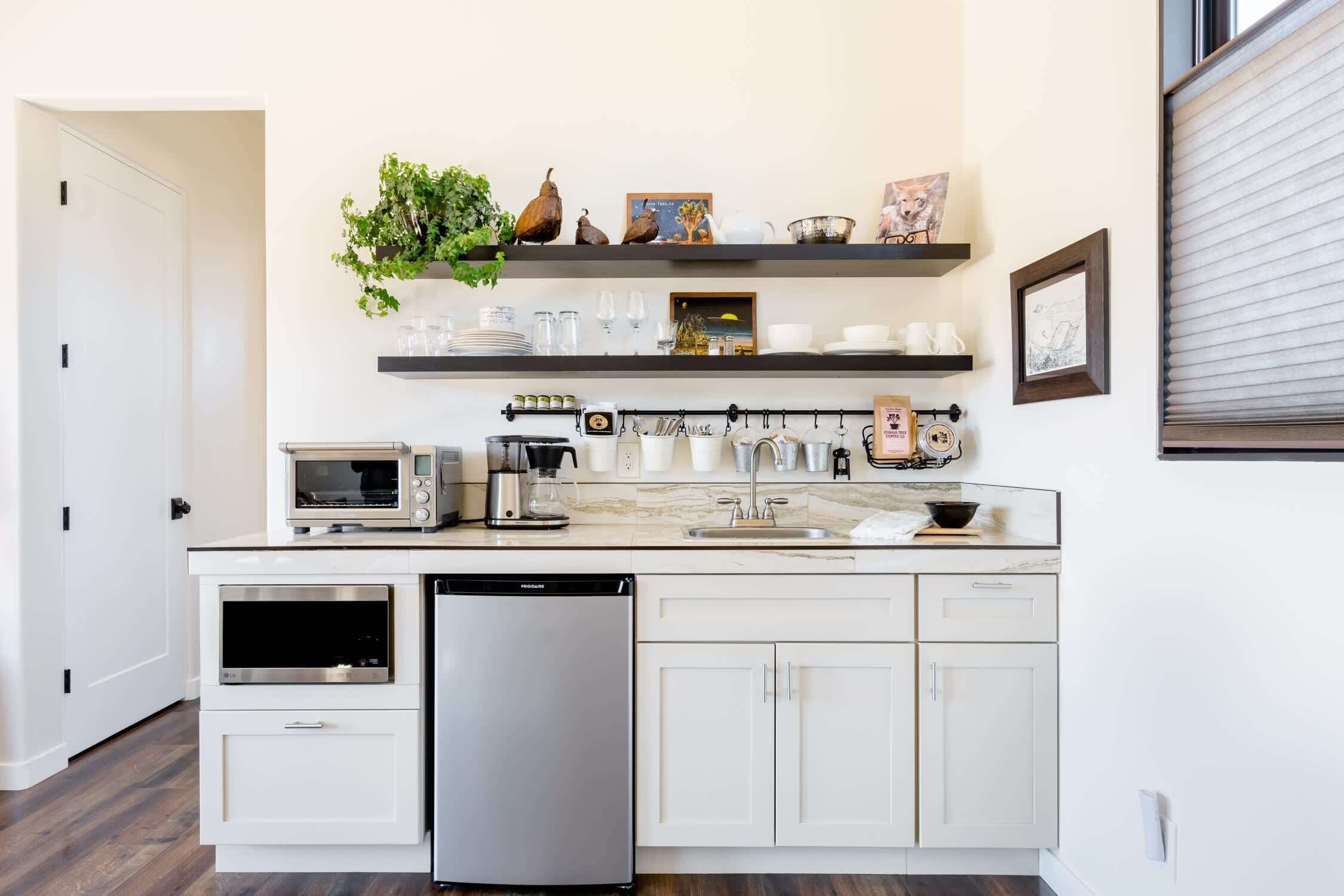 Fridge, microwave, coffee/tea maker, electric kettle