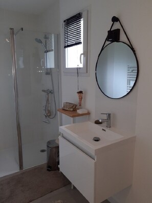 Bathroom features a glass-enclosed shower, handheld showerhead, and wall-mounted control panel.