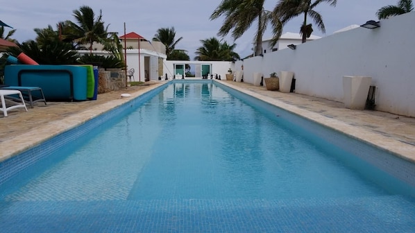 En swimmingpool med kakelbeklädd kant, omgiven av vita väggar och palmer.