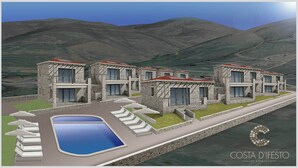 Un moderno complejo de apartamentos de lujo con piscina, mobiliario exterior y montañas al fondo.