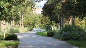 A paved pathway flanked by lush greenery and trees, leading towards a building with a red roof.