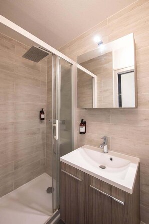 Shower, hair dryer, towels