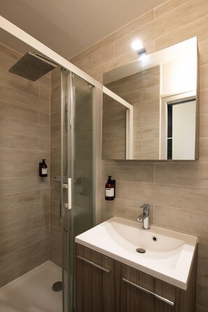 Shower, hair dryer, towels