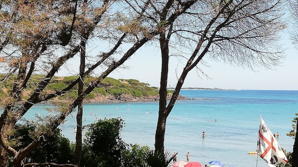 A beach scene with clear blue water, people swimming, and a flag.