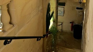 Un étroit couloir extérieur doté d’une balustrade en pierre, de plantes en pot et d’un petit escalier menant à un niveau supérieur.