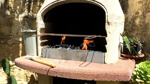 Un four extérieur en pierre, dans lequel brûle un feu, entouré de plantes en pot et intégré dans un décor rustique.