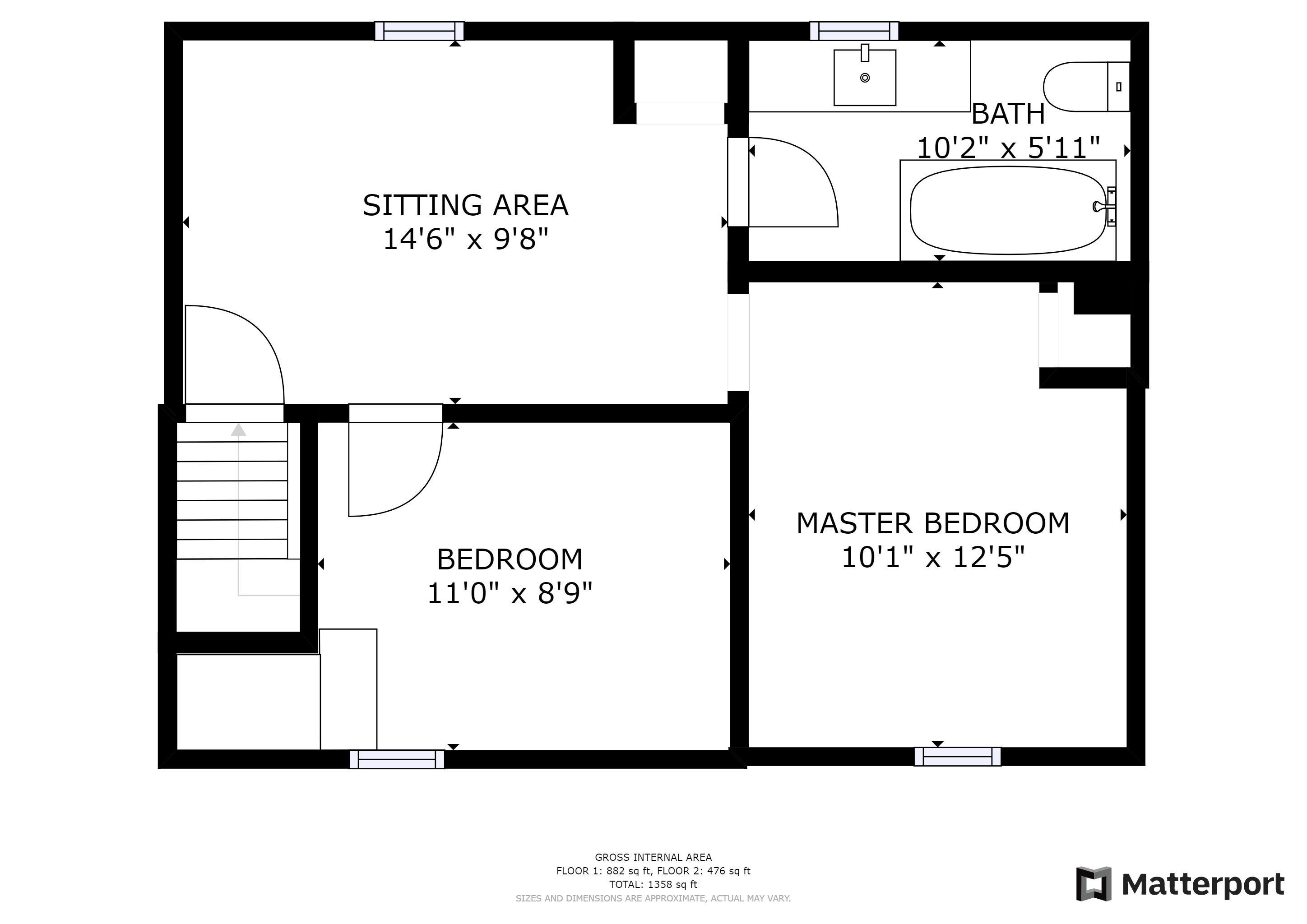 Plano de planta de una habitación de hotel con zona de estar, dormitorio principal y baño.
