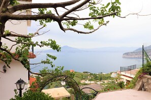 A coastal view with a balcony overlooking the sea, a stone wall, and a lamp post. - Belvedere Apt (Sorrento)