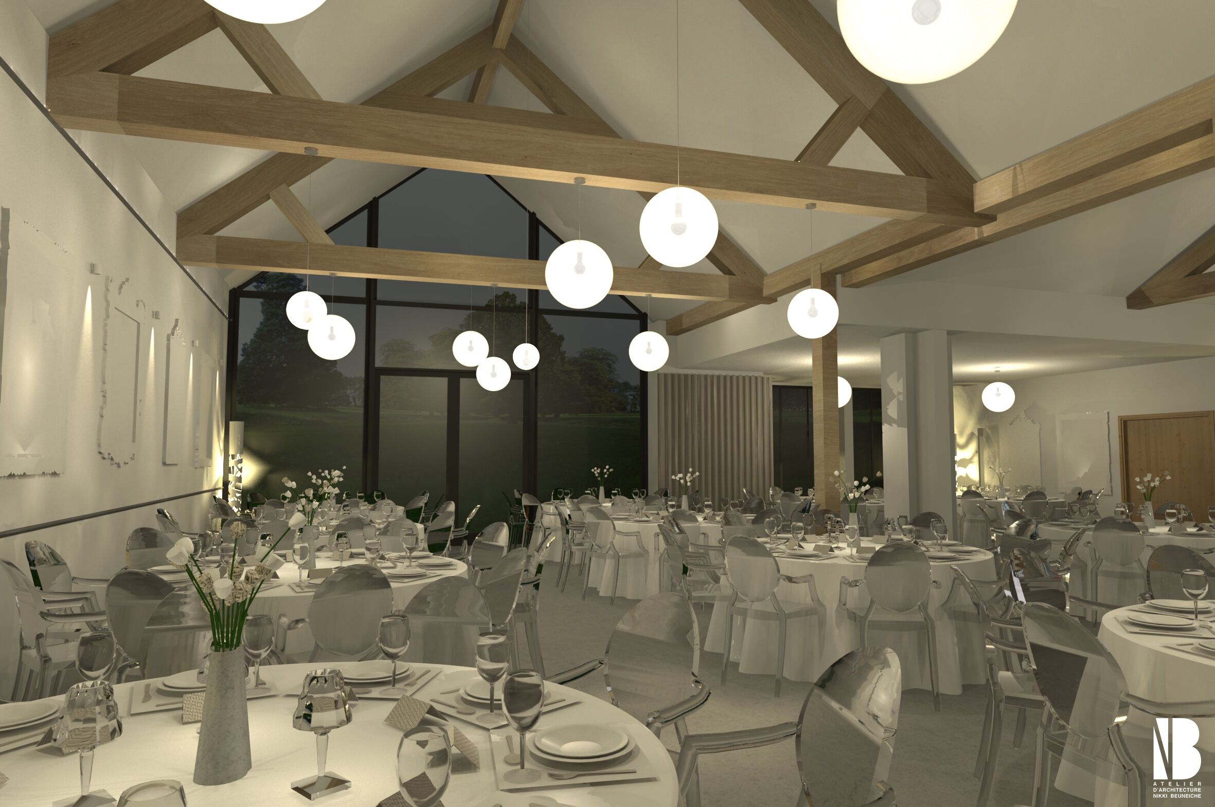 A spacious dining area with high ceilings and large windows, featuring round tables set with white tablecloths and clear glassware.