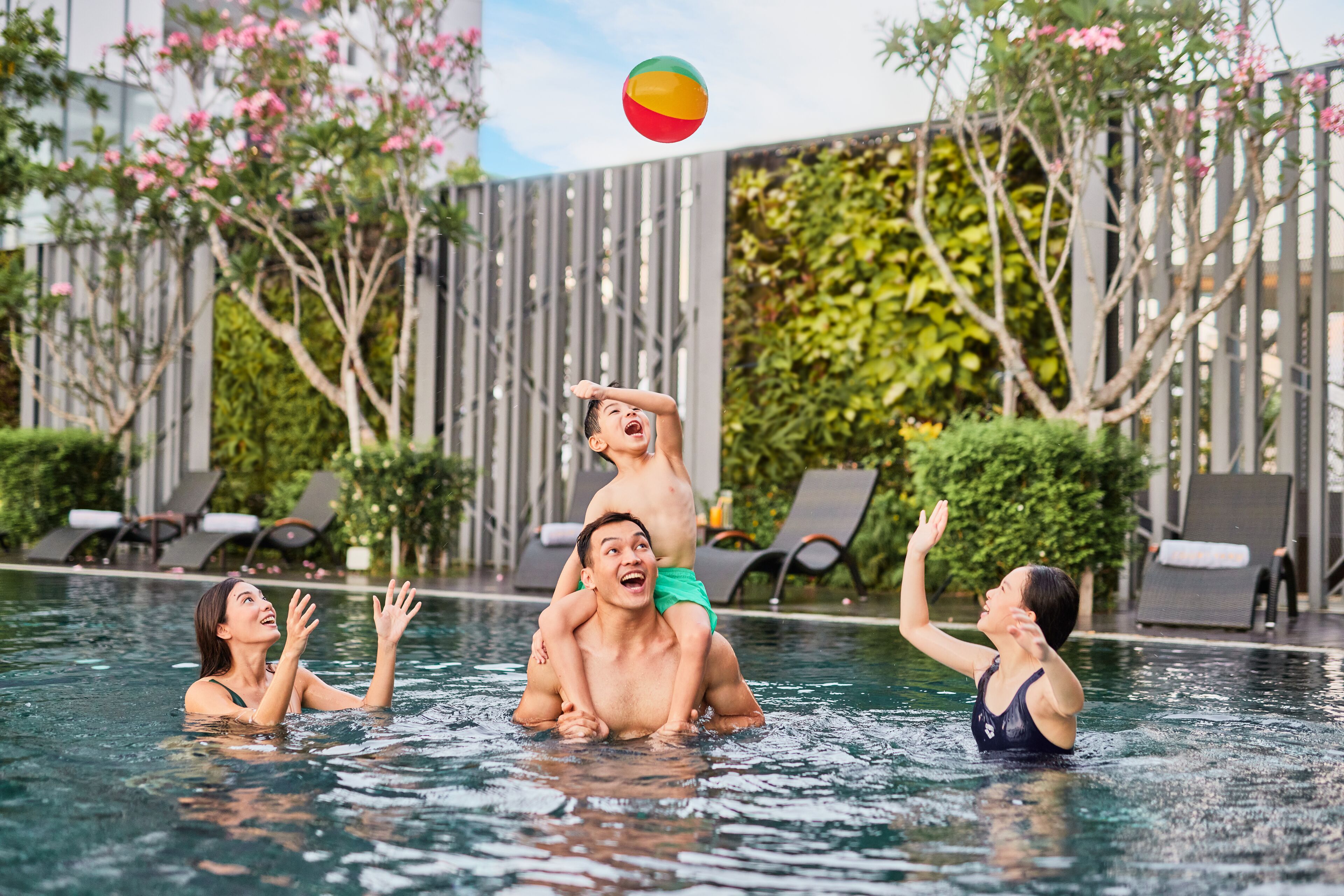 Outdoor pool, pool umbrellas, pool loungers