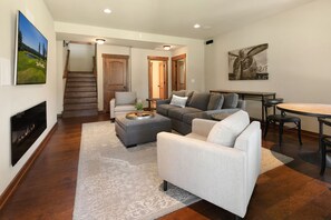 TV, fireplace, table football, ping pong