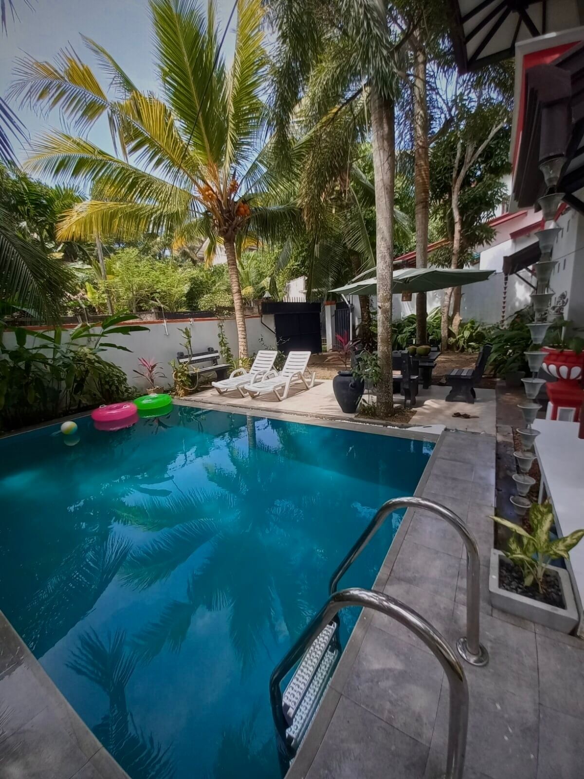 A swimming pool with lounge chairs and a small deck area, surrounded by palm trees and potted plants.