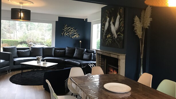 A modern living room with a dark blue accent wall, a fireplace, a dining area with a wooden table and chairs, and a black leather sofa.