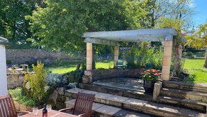 A patio with a wooden table and chairs, a pergola, and a garden with various plants and a stone wall.