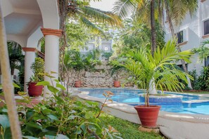 A pool surrounded by potted plants and a stone wall. - Apartment Close 5th Ave And Playa Mamitas (Playa del Carmen)