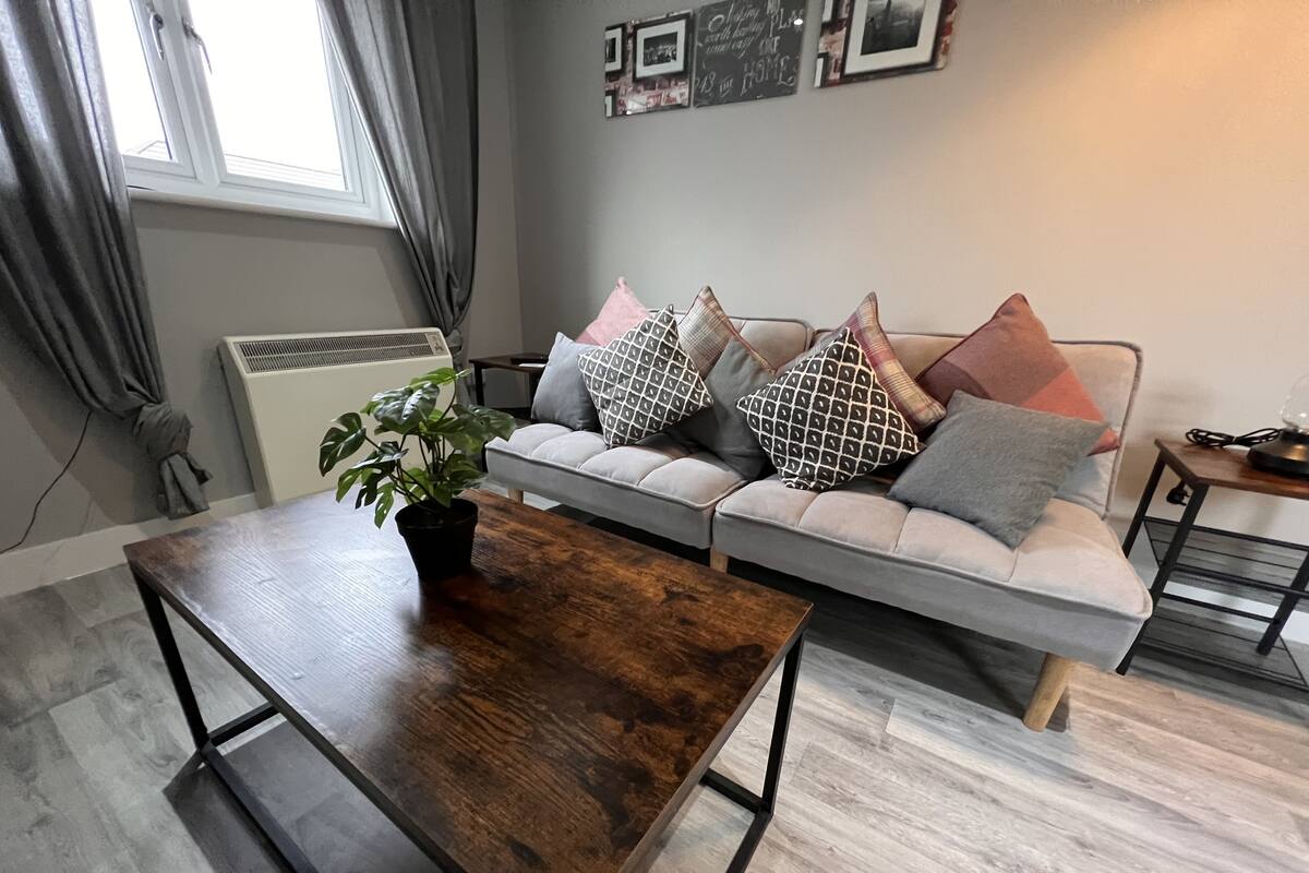 A modern living room with a grey sofa, patterned cushions, a wooden coffee table, and a potted plant.
