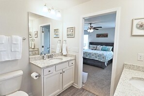 Combined shower/tub, hair dryer, towels, toilet paper