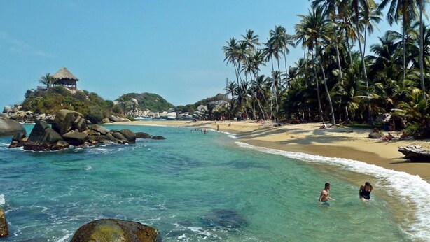 A beach with clear turquoise water, palm trees, and a thatched-roof hut. - Excellent Apartment With the Best Location in the City (Cali)