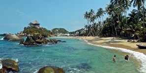 A beach with clear turquoise water, palm trees, and a thatched-roof hut. - Excellent Apartment With the Best Location in the City (Cali)