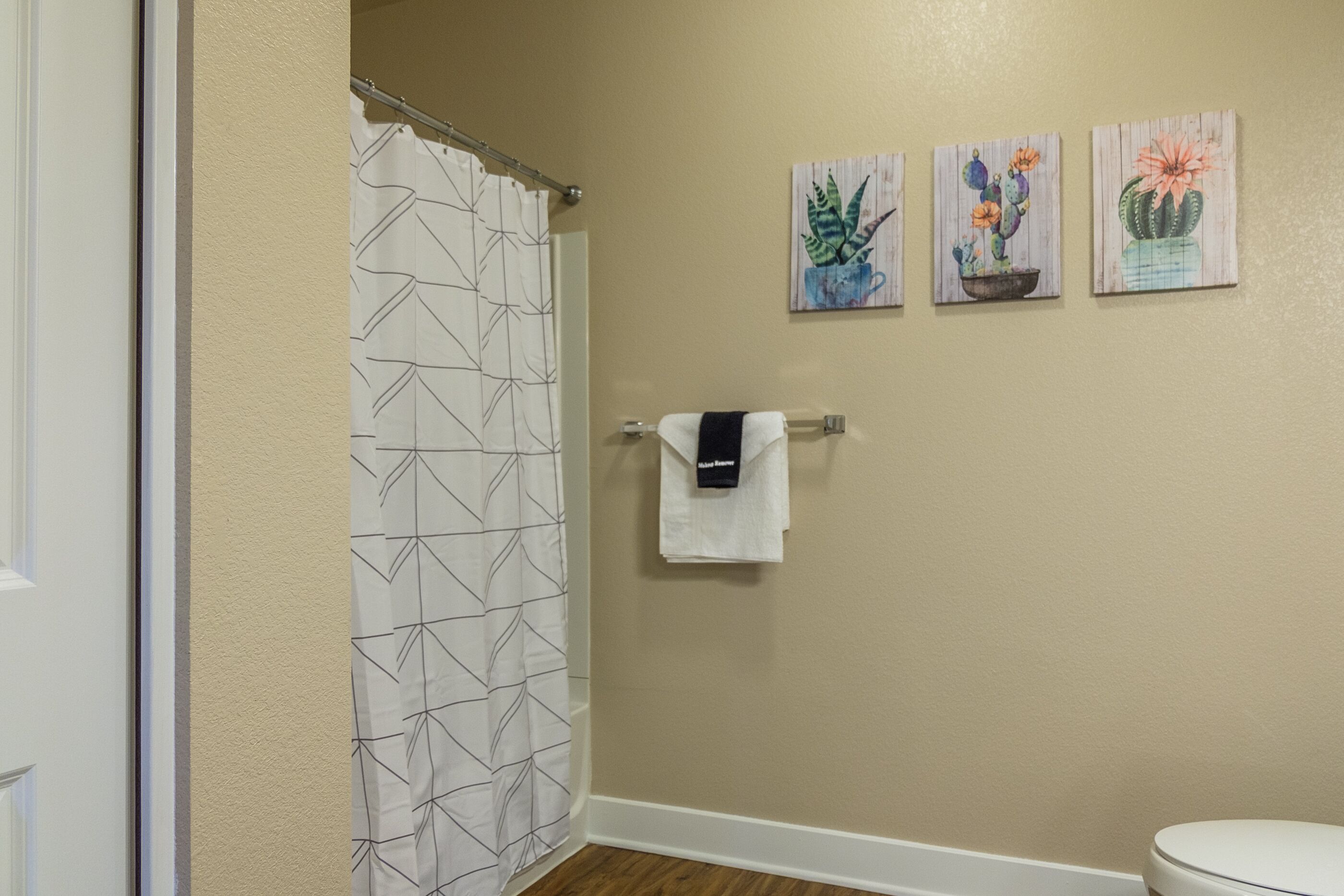 A bathroom with a shower curtain, a toilet, and three wall-mounted paintings of plants.