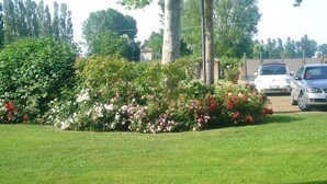 A well-maintained grassy area with a variety of flowering bushes and trees. - Questa elegante villa offre camere perfetto per viaggi di lavoro o di coppia (Carpi)