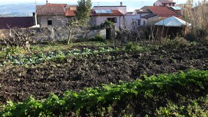 Een woonwijk met huizen, een tuin en uitzicht op verre bergen.