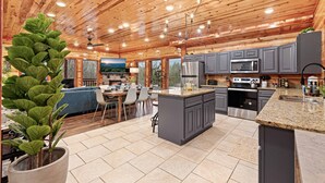 L’intérieur d’une cabane en rondins comprend un coin repas, une cuisine et une grande plante en pot.