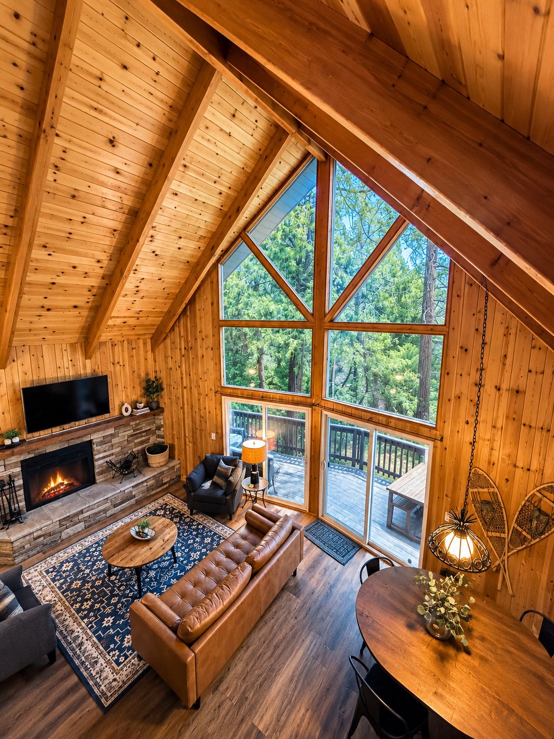 A log cabin interior with a fireplace, leather sofa, and a large window overlooking a deck.