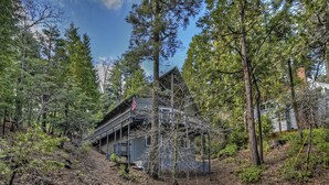 Une cabane dotée d’une terrasse et d’un escalier menant à un deuxième étage, entourée d’une forêt dense.