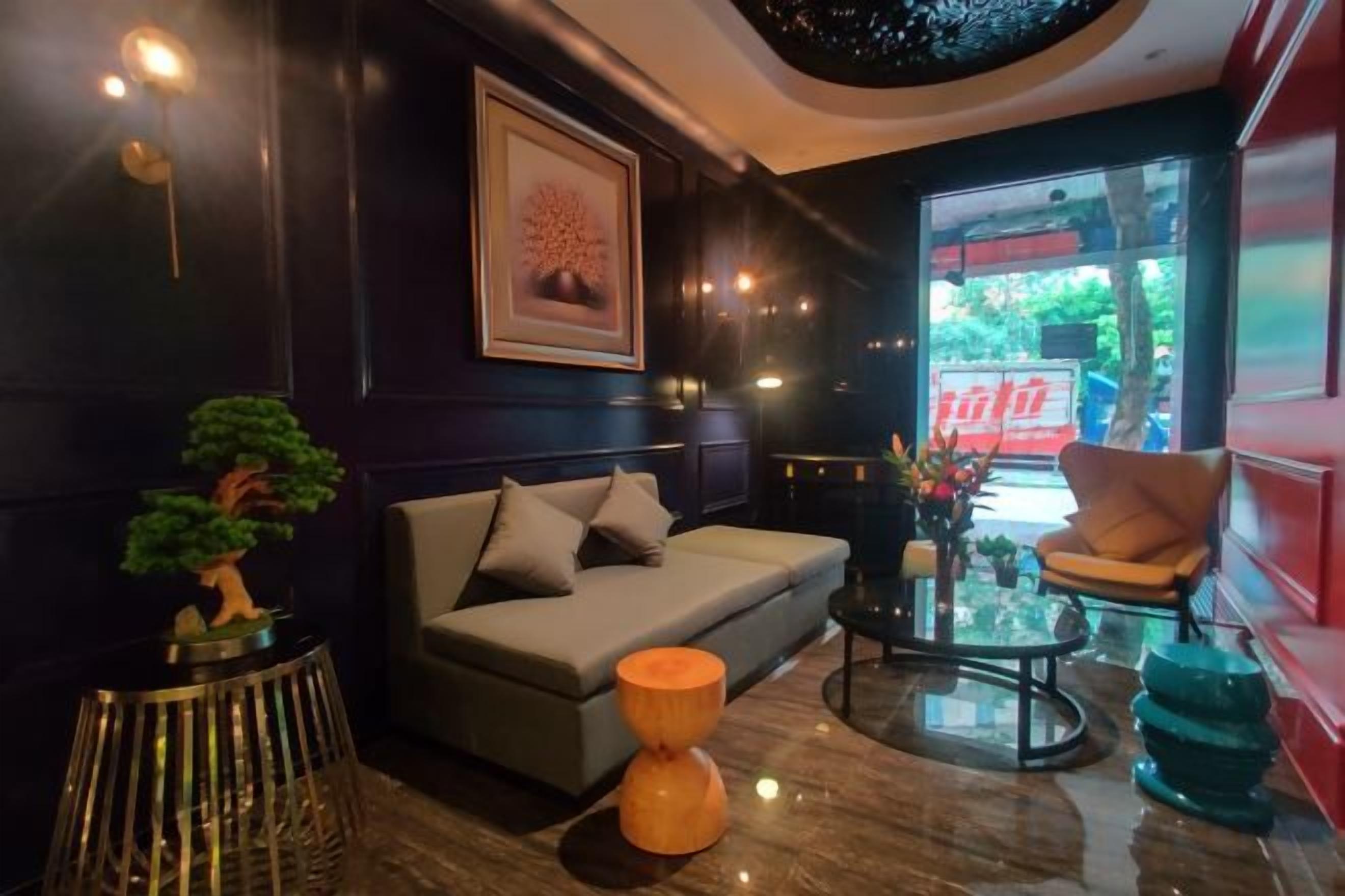 A modern lounge area with a sofa, armchairs, a coffee table, and a bonsai tree.