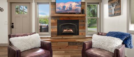 テレビ、暖炉、書庫