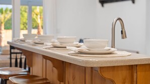 A kitchen with a long countertop, a sink, and a window with a view of palm trees.