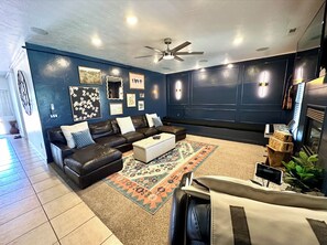 Smart TV, fireplace, video games, table football