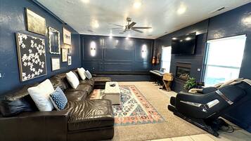 Smart TV, fireplace, video games, table football