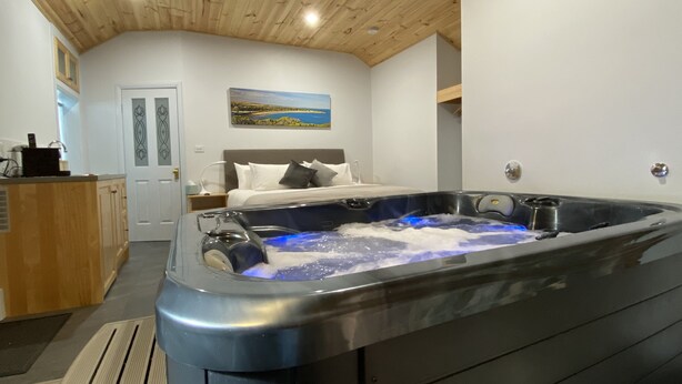 Une chambre moderne avec un plafond en bois, un grand jacuzzi, un lit avec des oreillers, un tableau au mur et un coin cuisine.