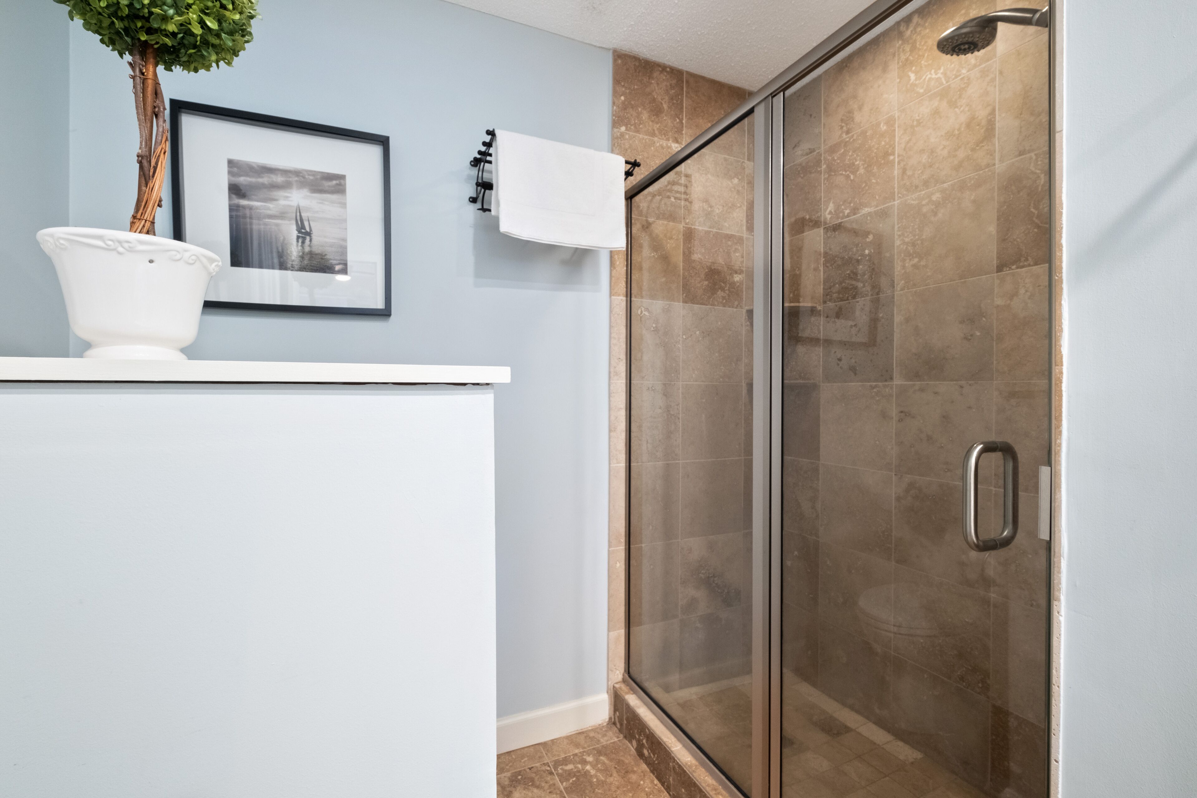 A bathroom with a shower, a white pedestal sink, a framed picture, and a potted plant.