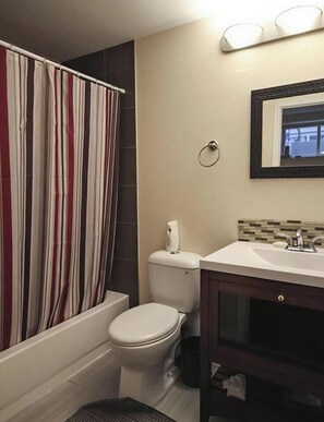 Bathtub, hair dryer, towels, soap